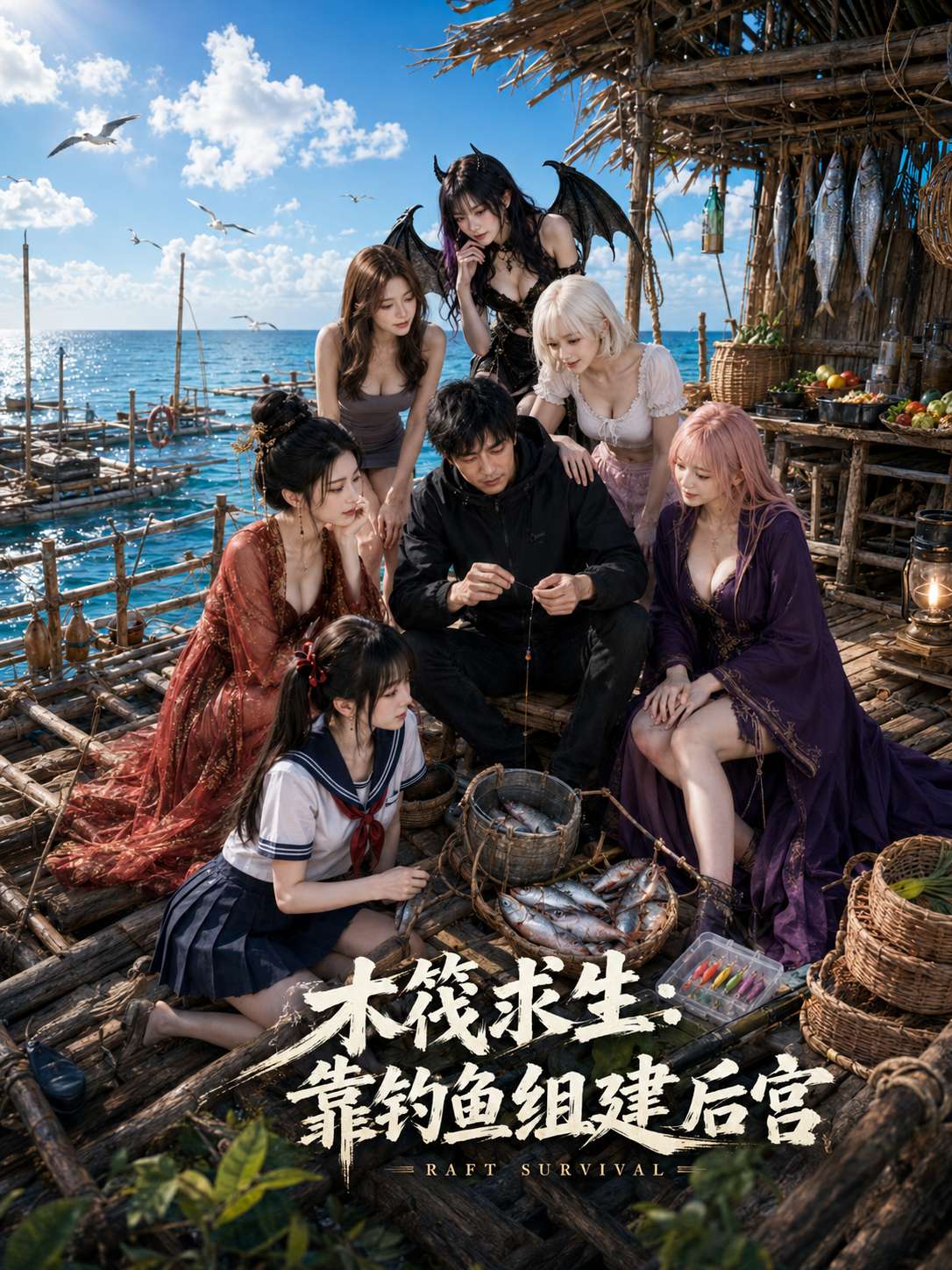 【AI成人短剧】木筏求生：靠钓鱼组建后宫